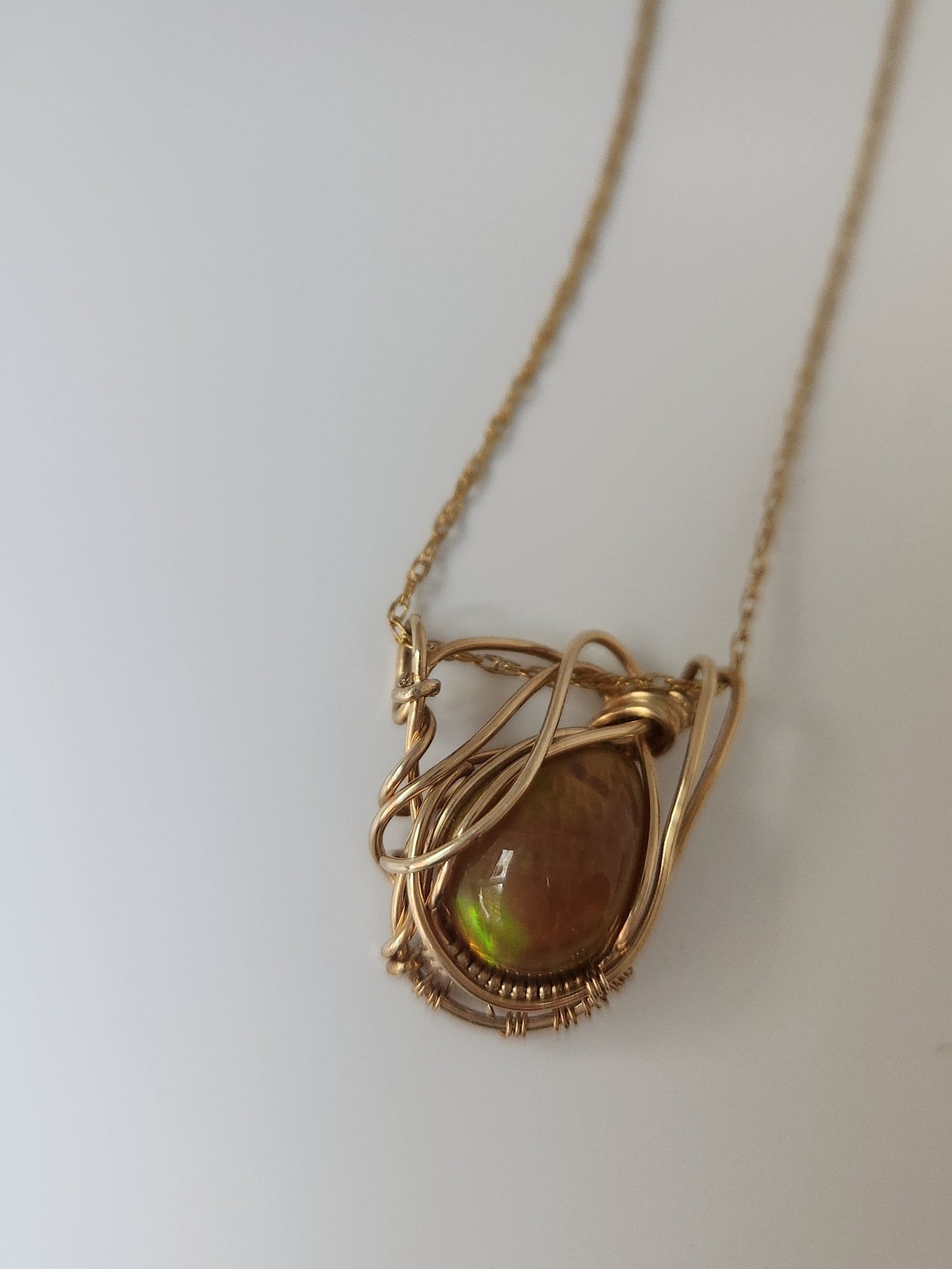 Deep Mysterious color Ethiopian Opal + 14k Gold filled Wire Wrapped Pendant